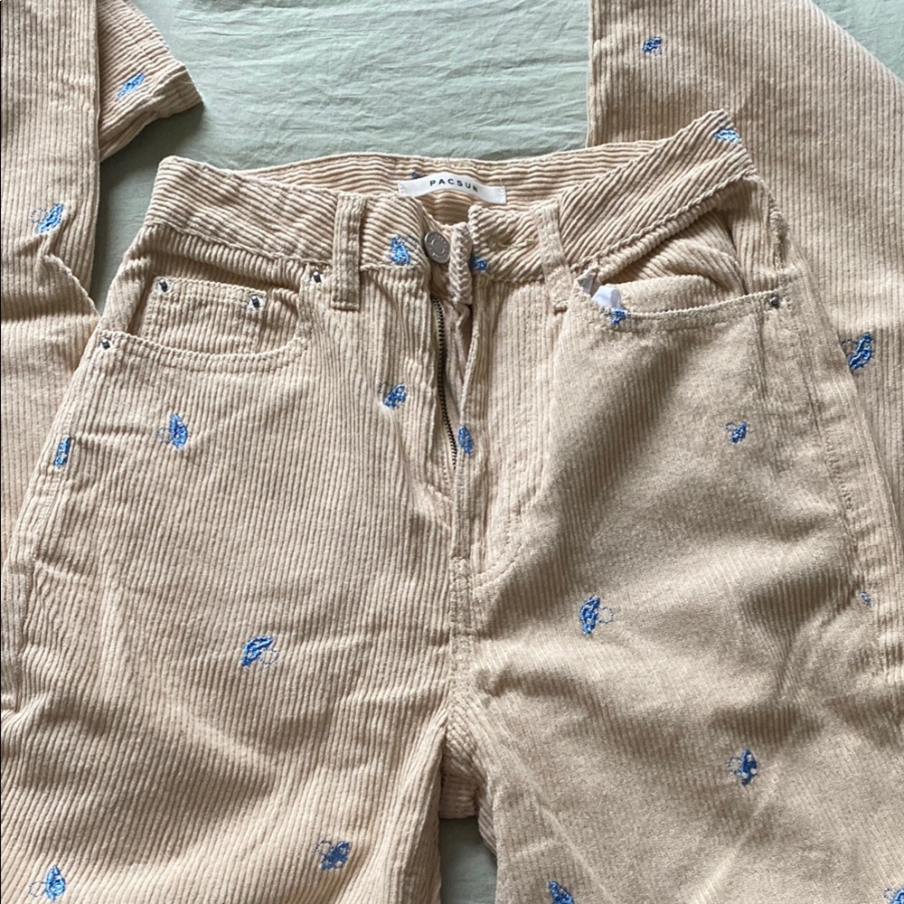 Beige Corduroy Pants with Blue Accents